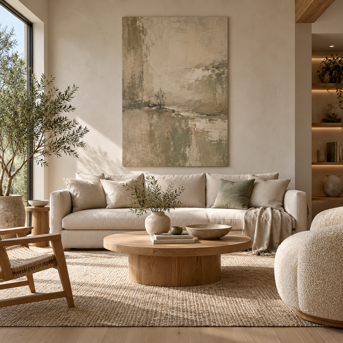 How One Large Artwork Made This Beige Living Room Feel Finished