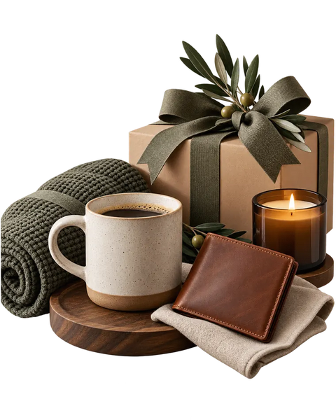 Cadeaus voor papa met mok, geurkaars en leren accessoire
