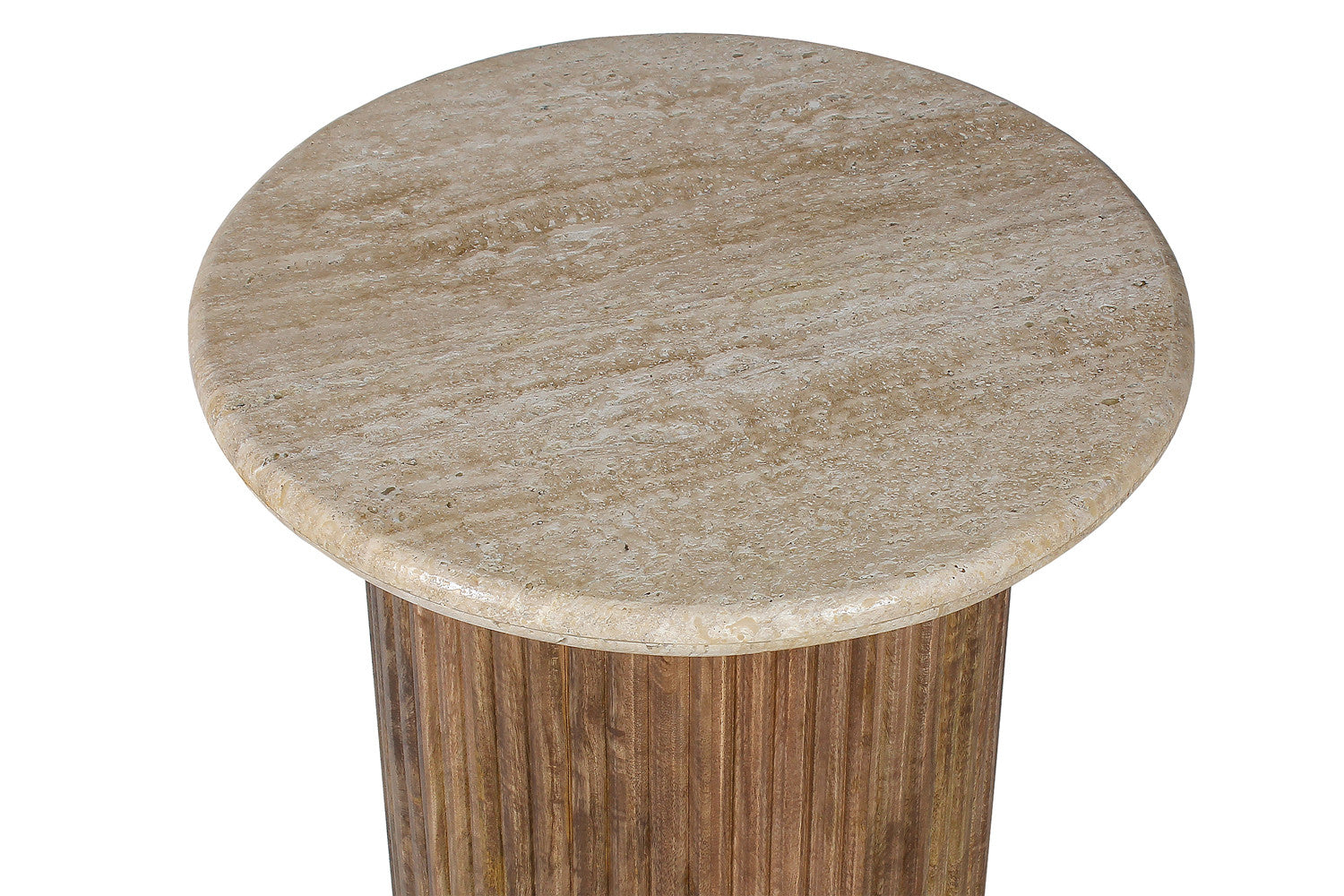 Lucia round side table – beige travertine and mango wood