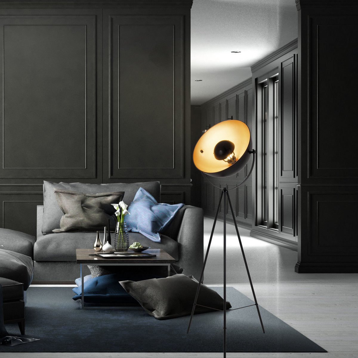 Elegante zwart-gouden driepotige staande lamp voor elke ruimte