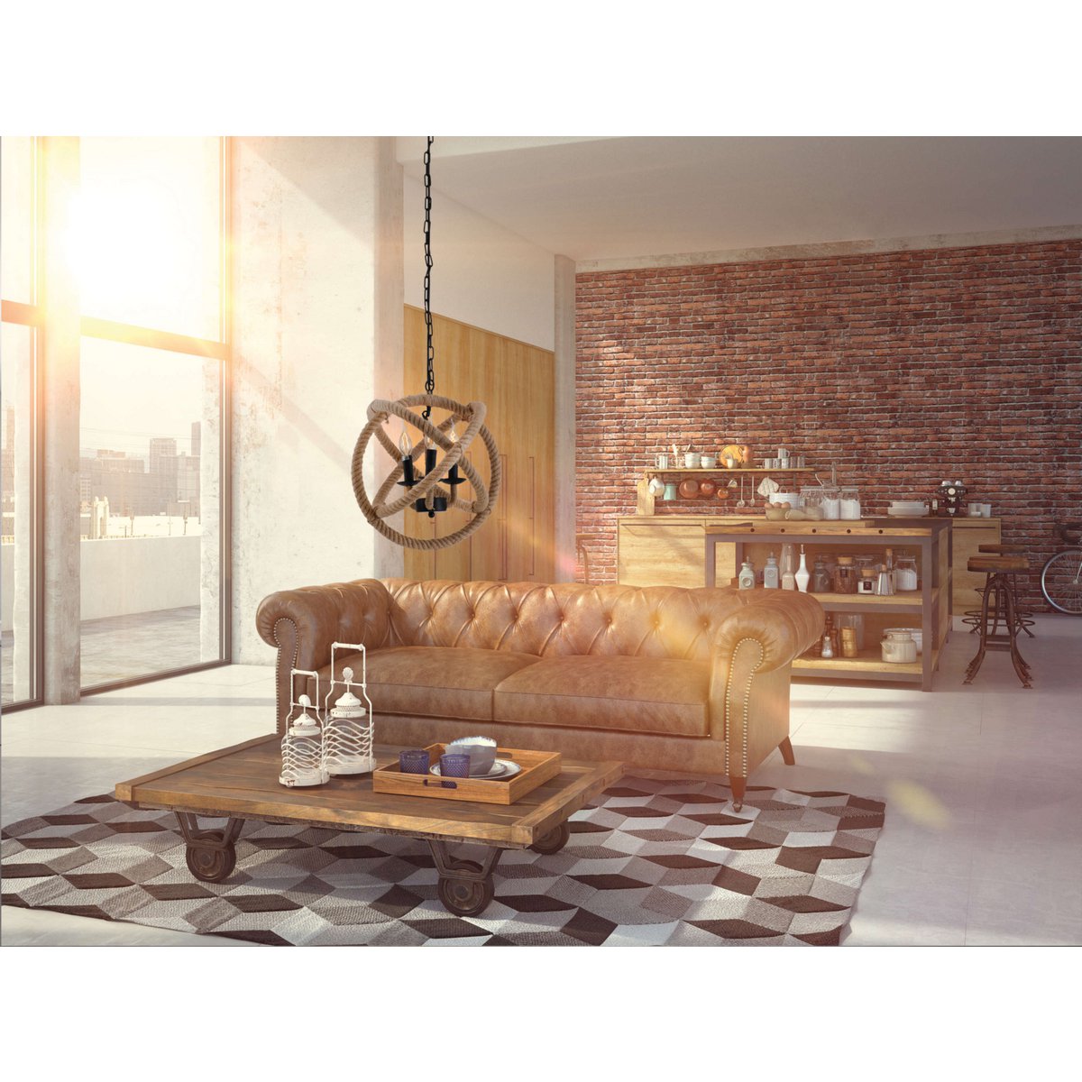 Handgemaakte luxe hanglamp in zwart metaal met henneptouw