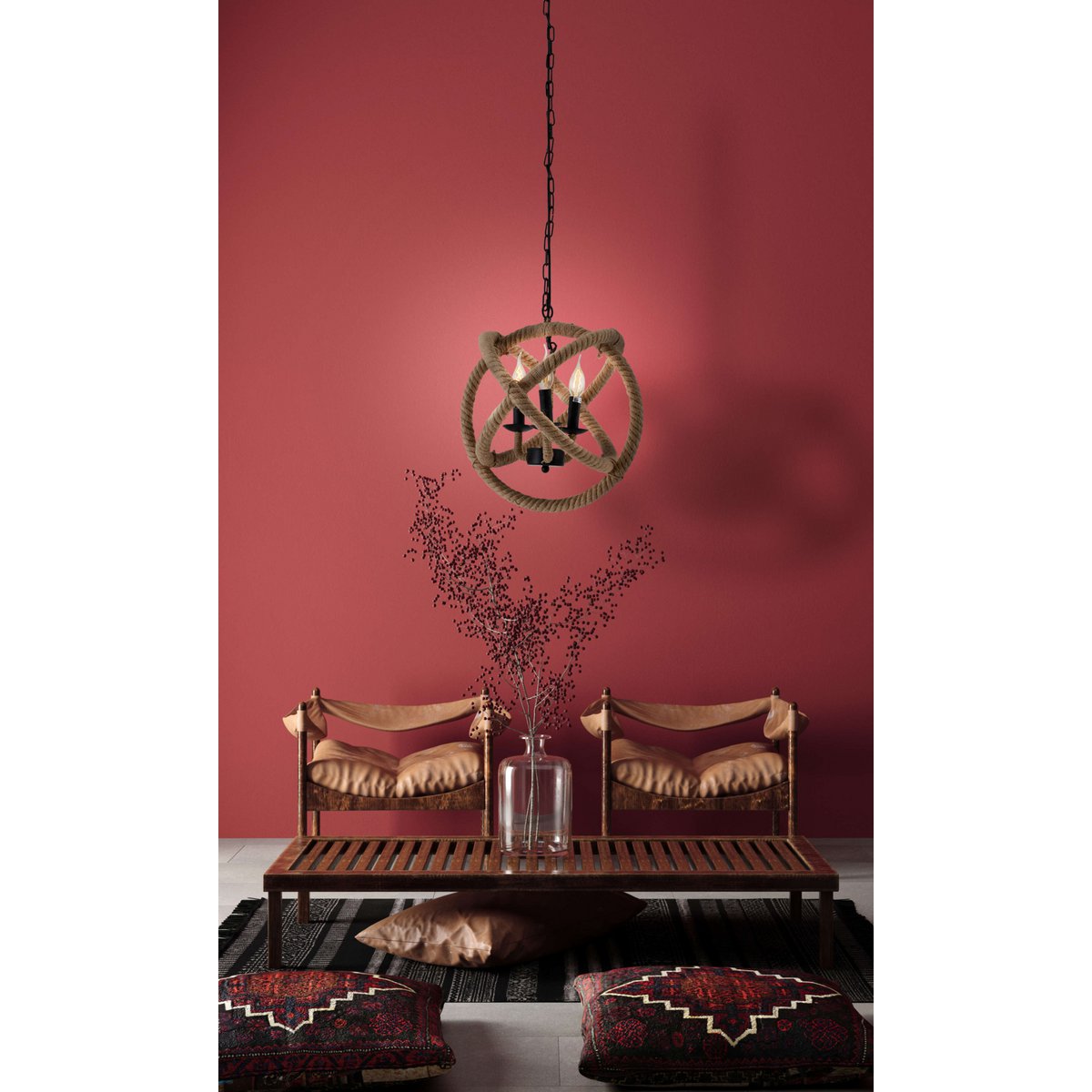 Handgemaakte luxe hanglamp in zwart metaal met henneptouw