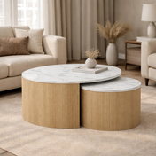Elvik coffee table set - beige stone & light wood