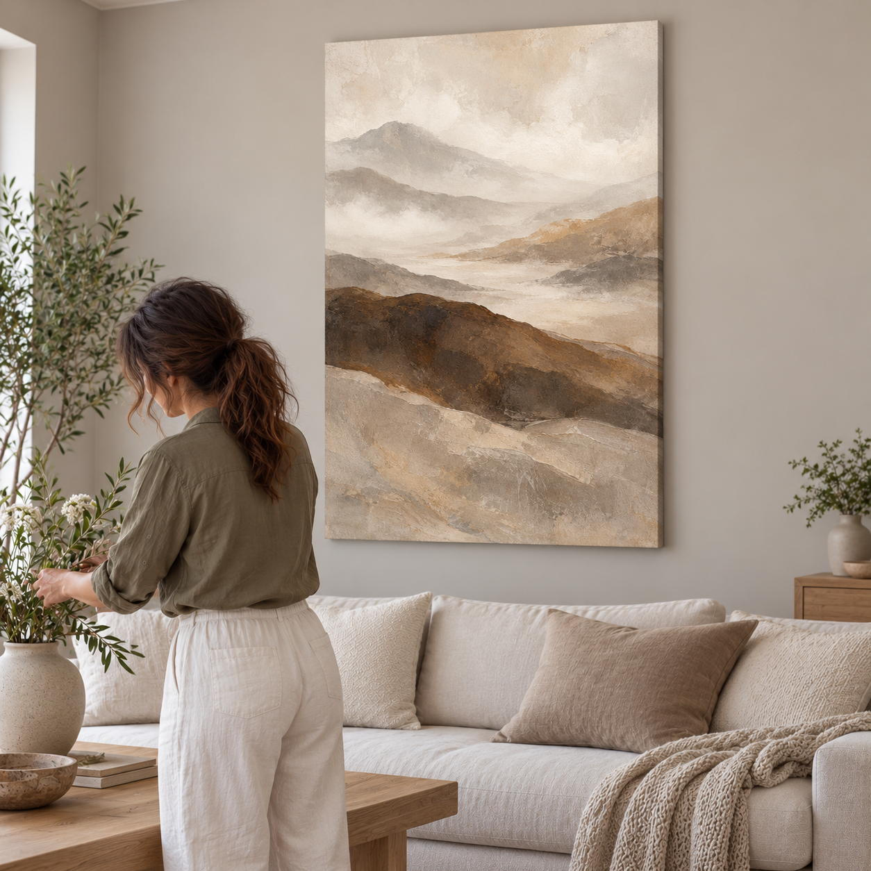 Stillness Beyond the Hills — frameless canvas in a Japandi living room