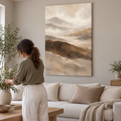 Stillness Beyond the Hills — frameless canvas in a Japandi living room
