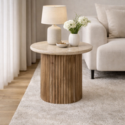 Lucia round side table – beige travertine and mango wood