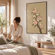 Blush Japandi framed poster in a warm bedroom