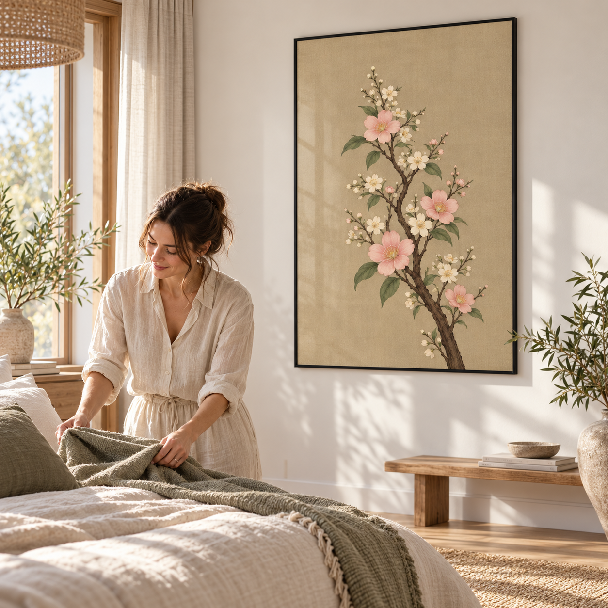 Blush Japandi framed poster in a warm bedroom