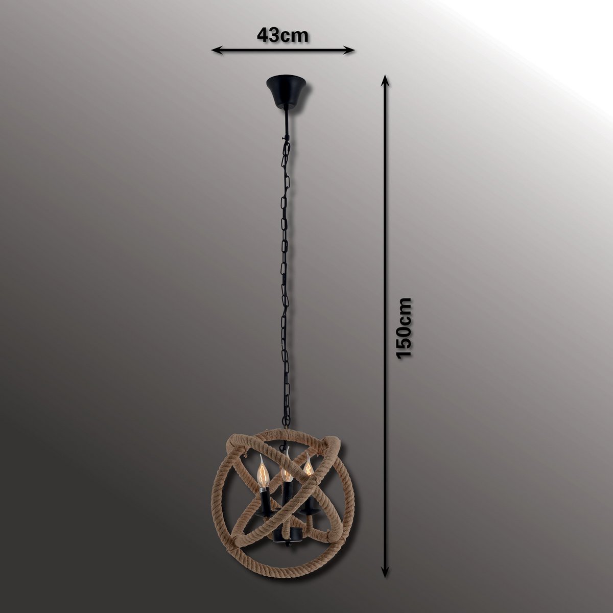 Handgemaakte luxe hanglamp in zwart metaal met henneptouw