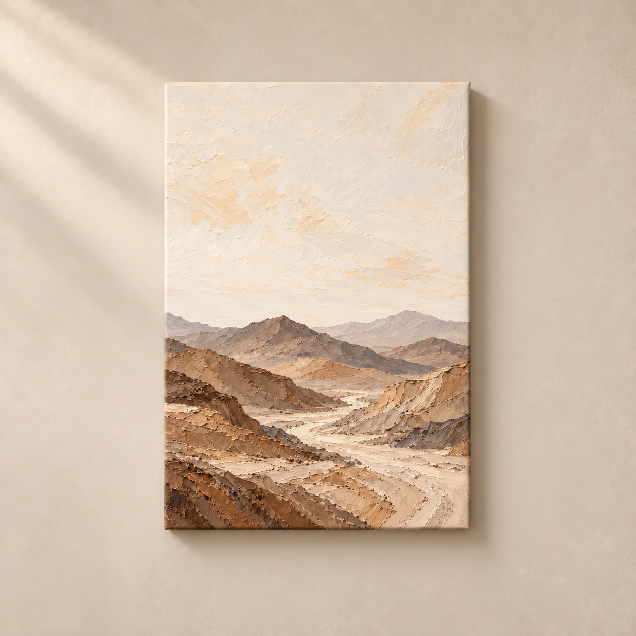 Earth Ridge Passage vertical canvas on warm taupe wall