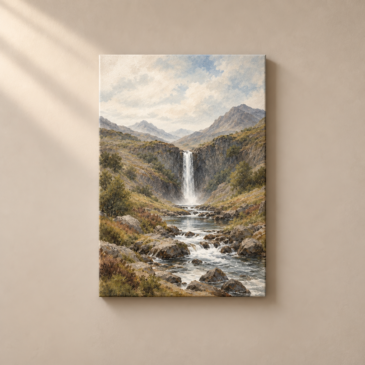 Falling Water Reverie vertical canvas on a warm taupe wall