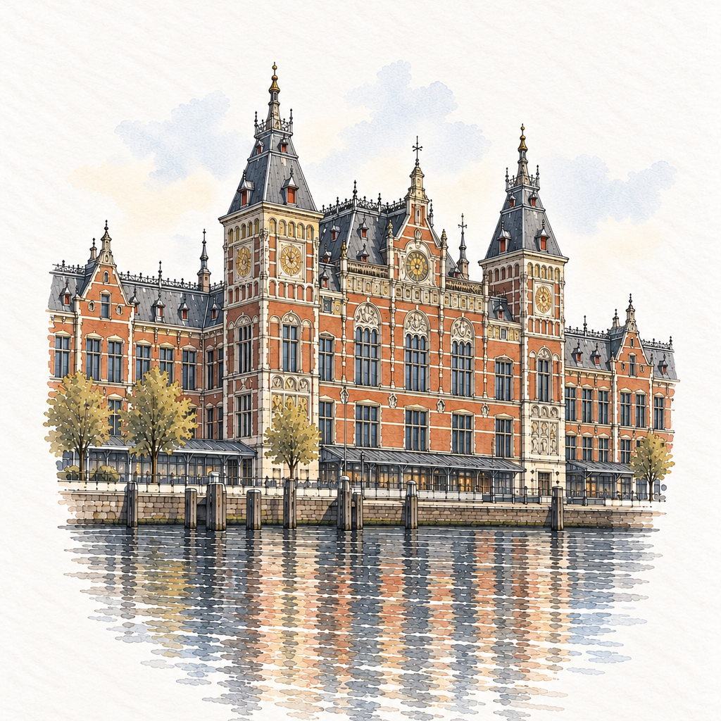 Amsterdam Centraal by the Water, Amsterdam vertical ink and watercolour artwork