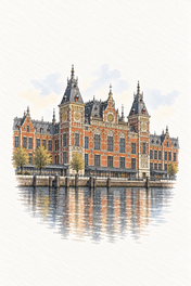 Amsterdam Centraal by the Water, Amsterdam vertical ink and watercolour artwork