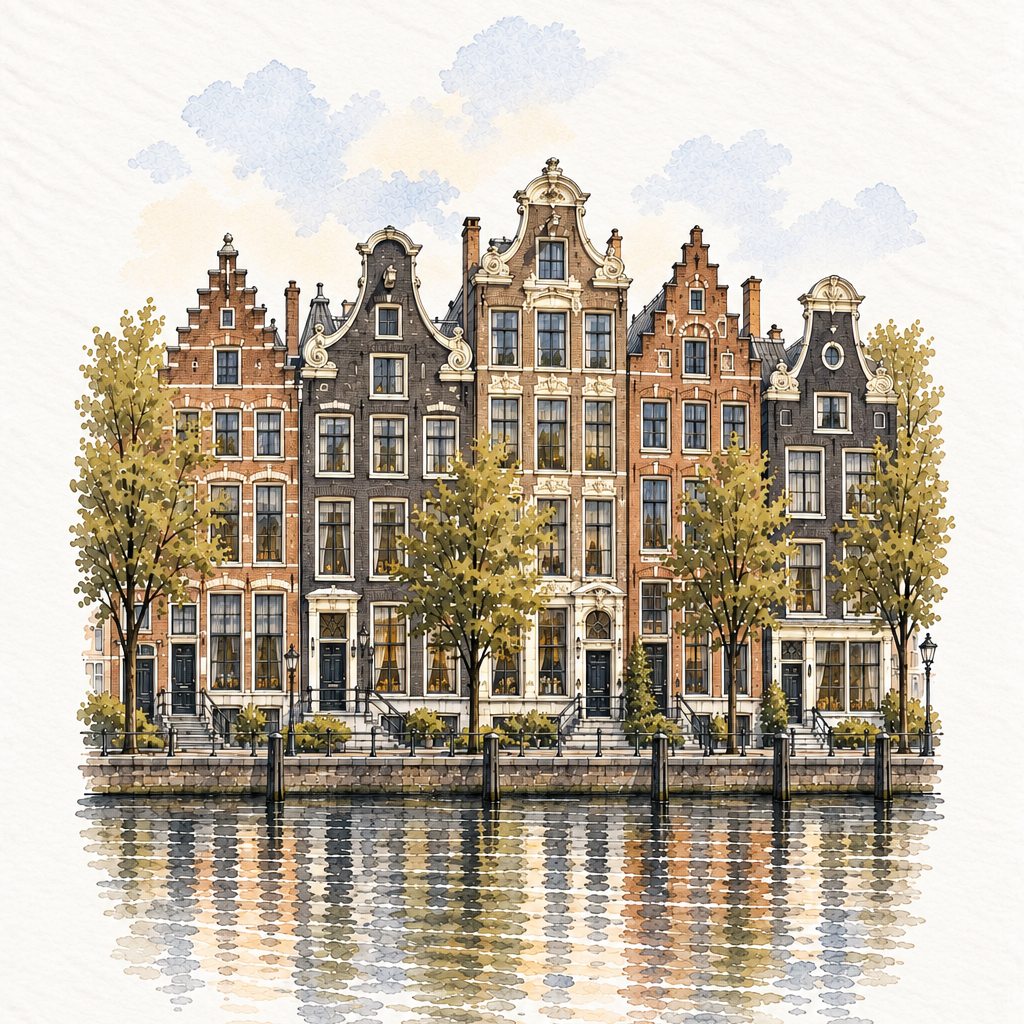 Amsterdam Canal Houses, Amsterdam vertical ink and watercolour artwork
