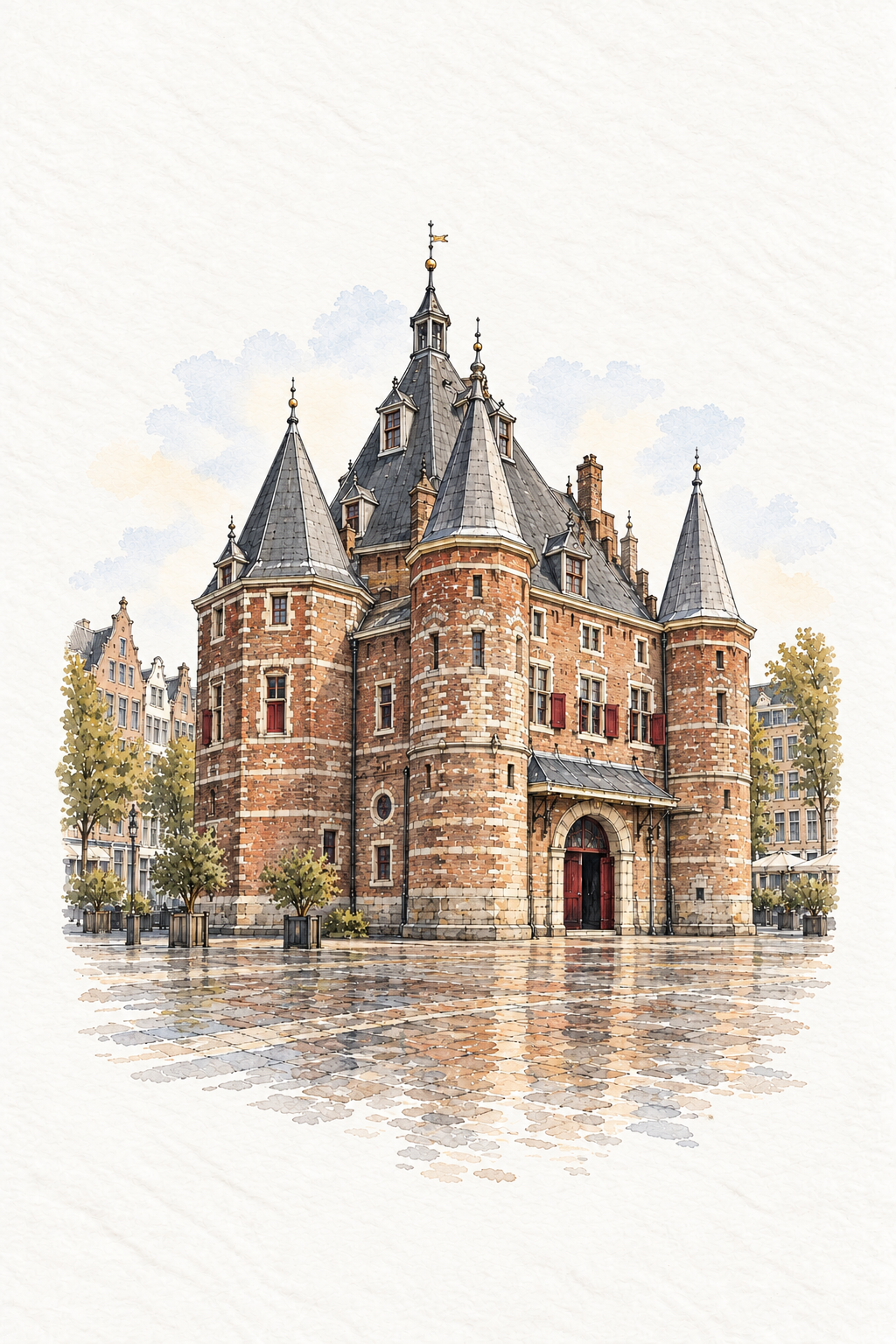 De Waag in Quiet Watercolour, Amsterdam vertical ink and watercolour artwork
