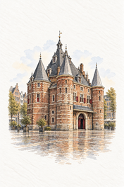 De Waag in Quiet Watercolour, Amsterdam vertical ink and watercolour artwork