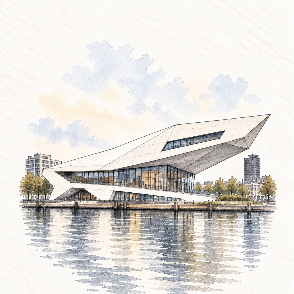 Eye Filmmuseum on the IJ, Amsterdam vertical ink and watercolour artwork