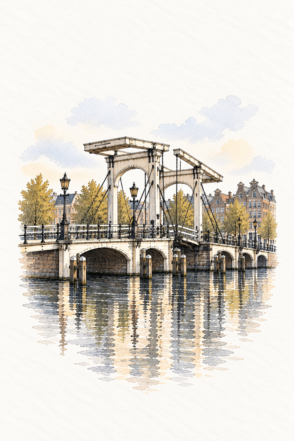Magere Brug over the Amstel, Amsterdam vertical ink and watercolour artwork