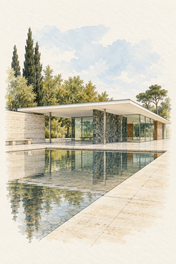 Barcelona Pavilion in Soft Watercolour, Barcelona vertical ink and watercolour artwork