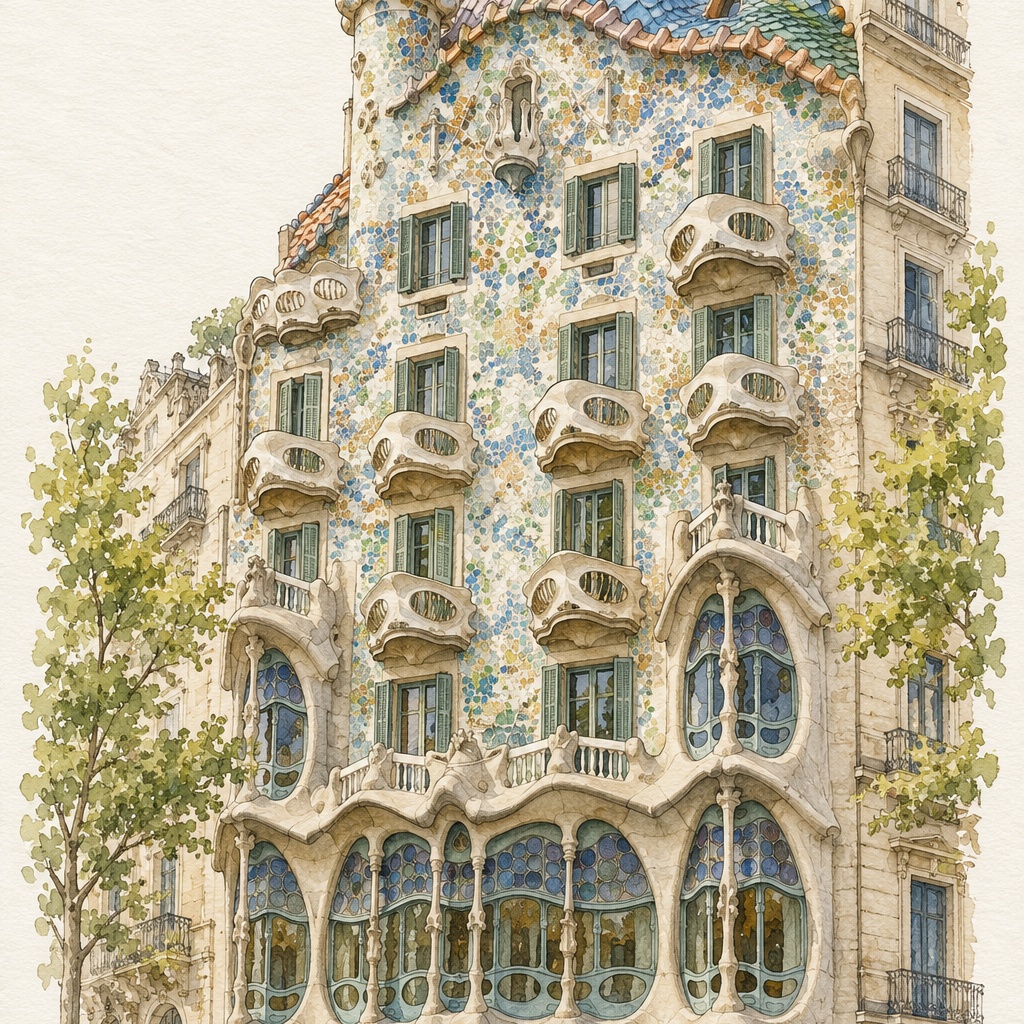 Casa Batllo in Watercolour, Barcelona vertical ink and watercolour artwork