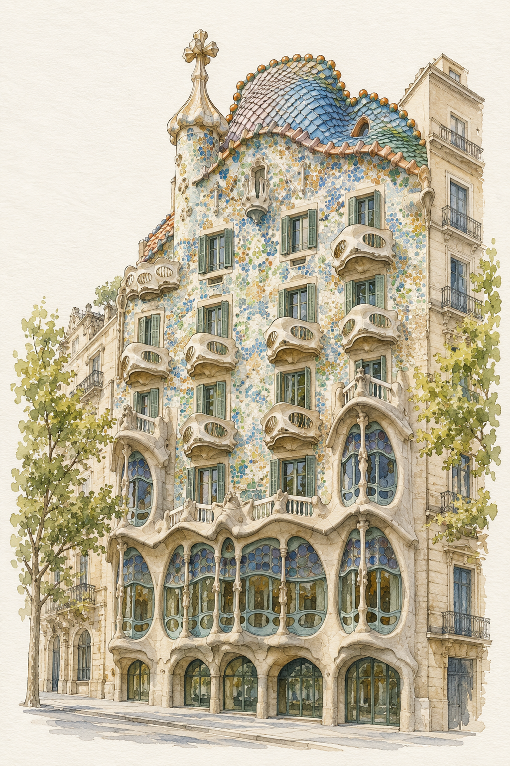 Casa Batllo in Watercolour, Barcelona vertical ink and watercolour artwork