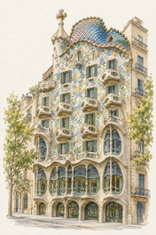 Casa Batllo in Watercolour, Barcelona vertical ink and watercolour artwork