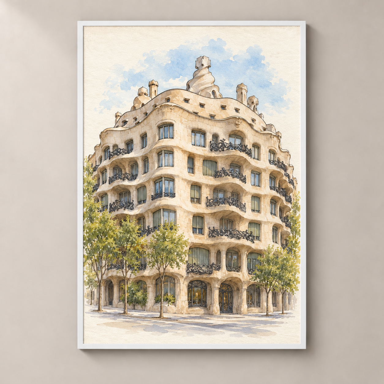 Casa Mila in Soft Watercolour – poster standalone mockup on beige wall