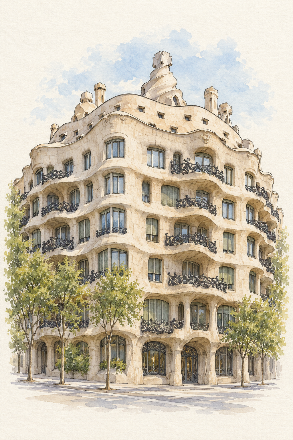 Casa Mila in Soft Watercolour, Barcelona vertical ink and watercolour artwork