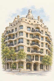 Casa Mila in Soft Watercolour, Barcelona vertical ink and watercolour artwork