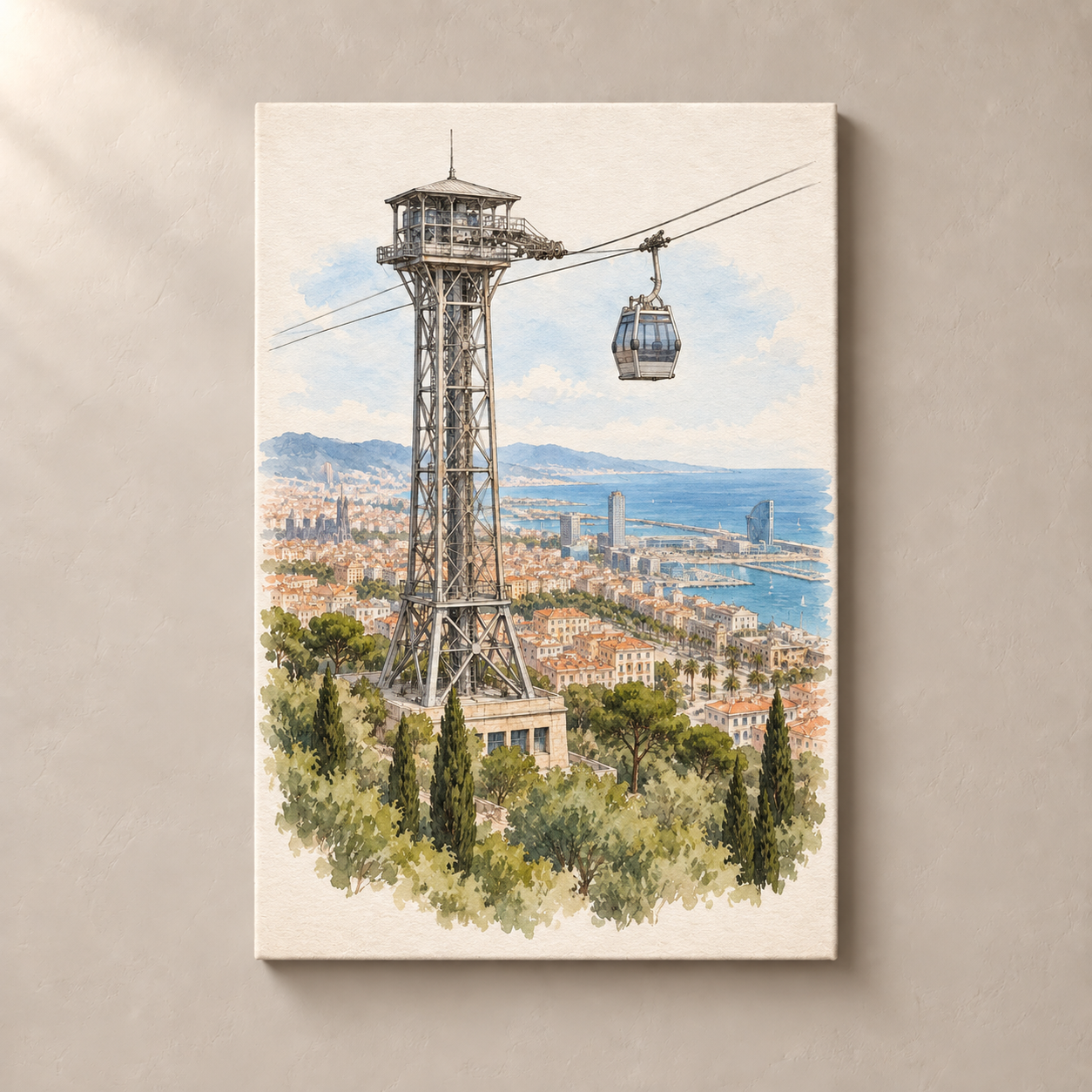 Montjuic Cable Car above Barcelona – canvas standalone mockup on beige wall