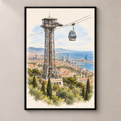 Montjuic Cable Car above Barcelona – poster standalone mockup on beige wall