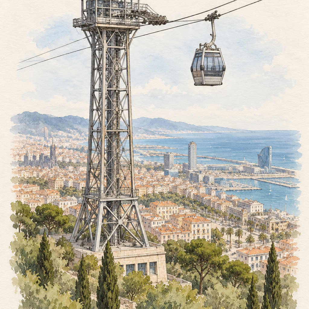 Montjuic Cable Car above Barcelona, Barcelona vertical ink and watercolour artwork