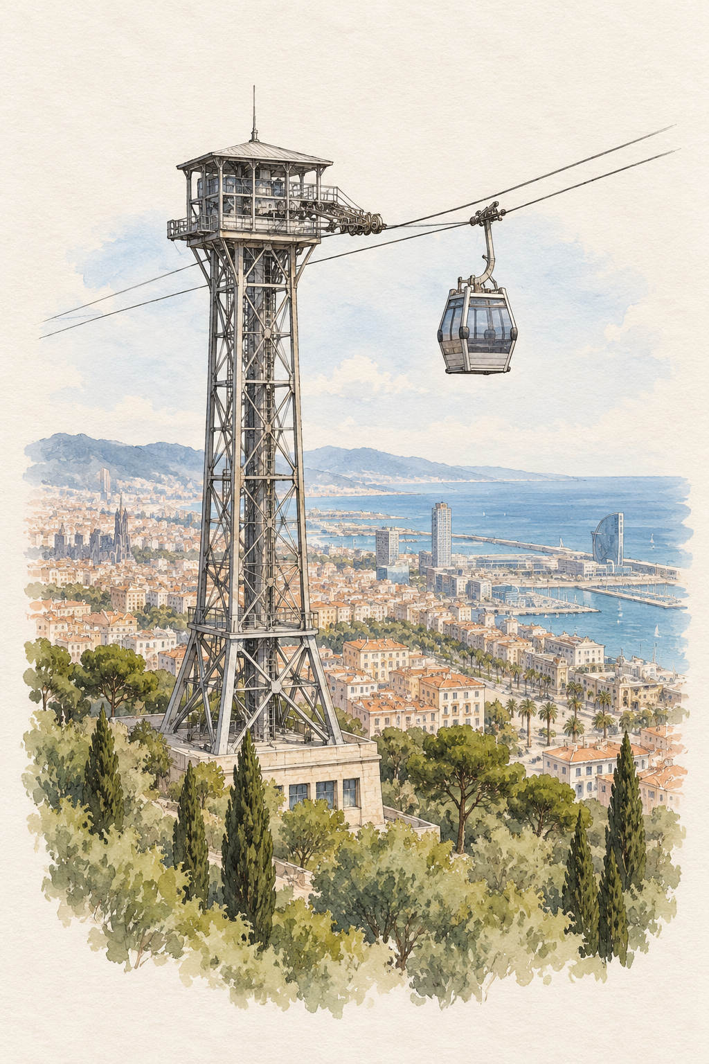 Montjuic Cable Car above Barcelona, Barcelona vertical ink and watercolour artwork