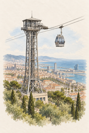 Montjuic Cable Car above Barcelona, Barcelona vertical ink and watercolour artwork