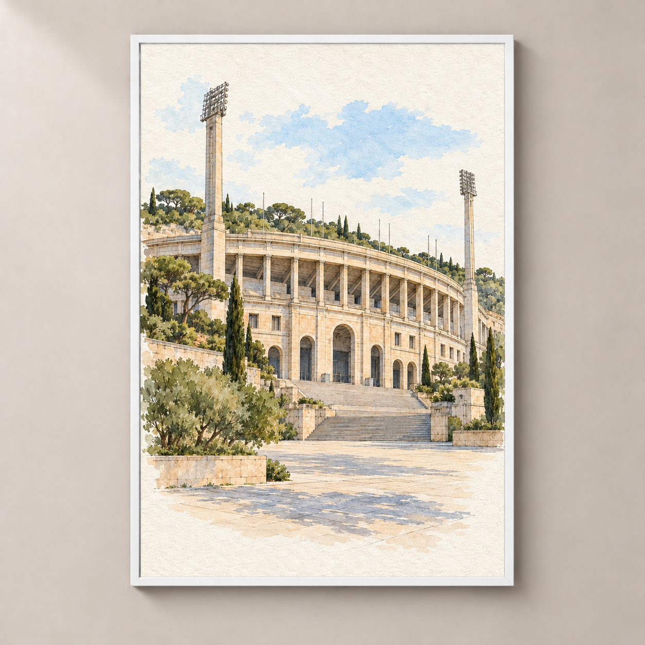 Montjuic Olympic Stadium – poster standalone mockup on beige wall