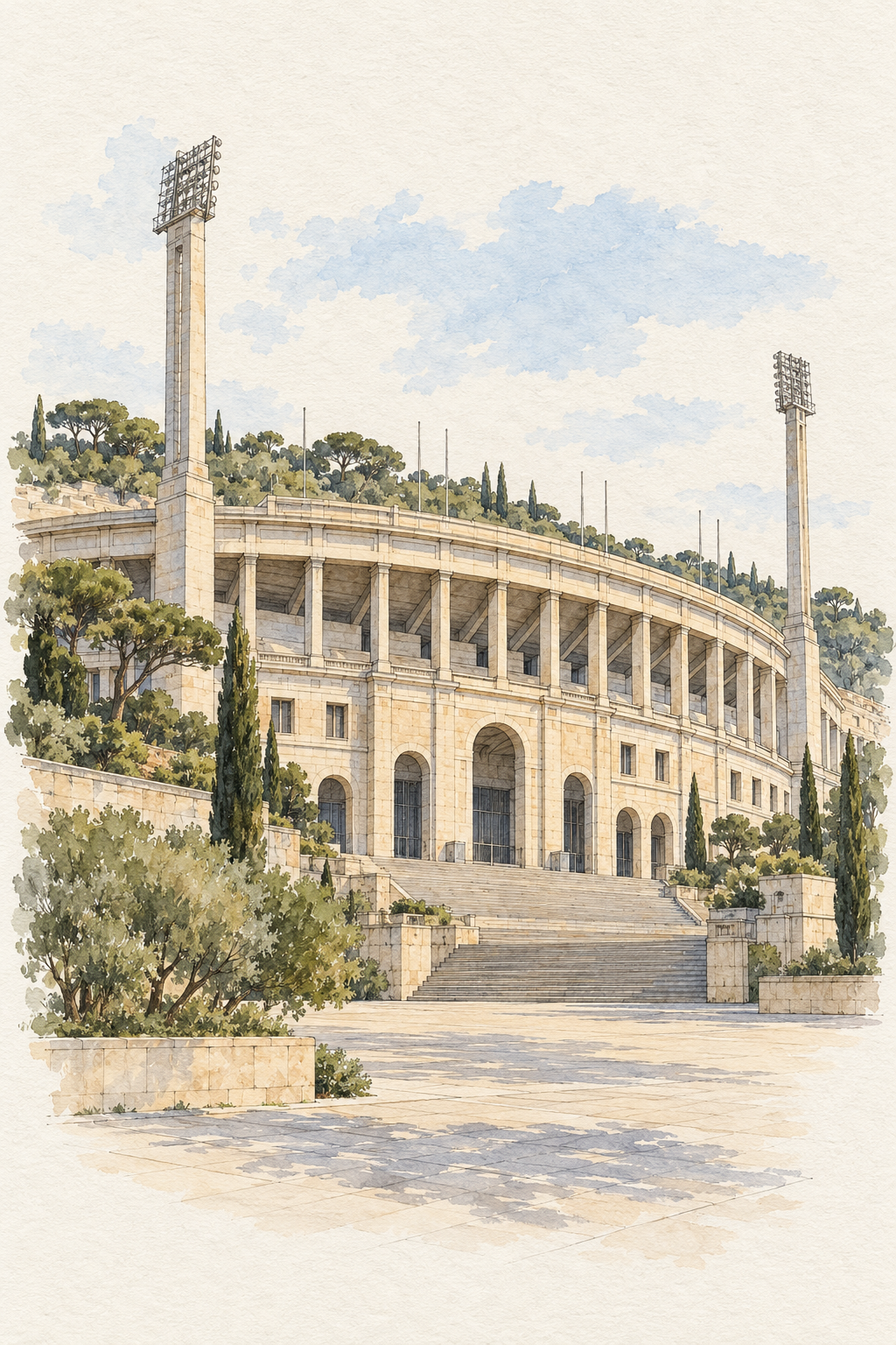 Montjuic Olympic Stadium, Barcelona vertical ink and watercolour artwork
