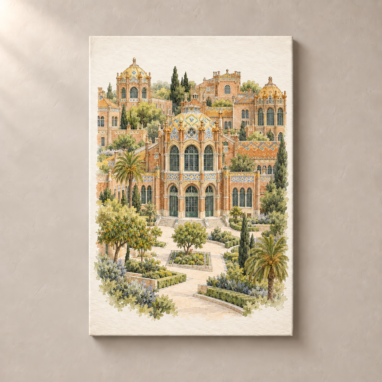 Sant Pau in Watercolour – canvas standalone mockup on beige wall
