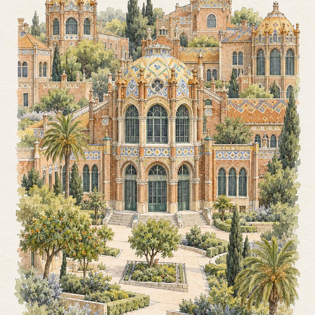 Sant Pau in Watercolour, Barcelona vertical ink and watercolour artwork