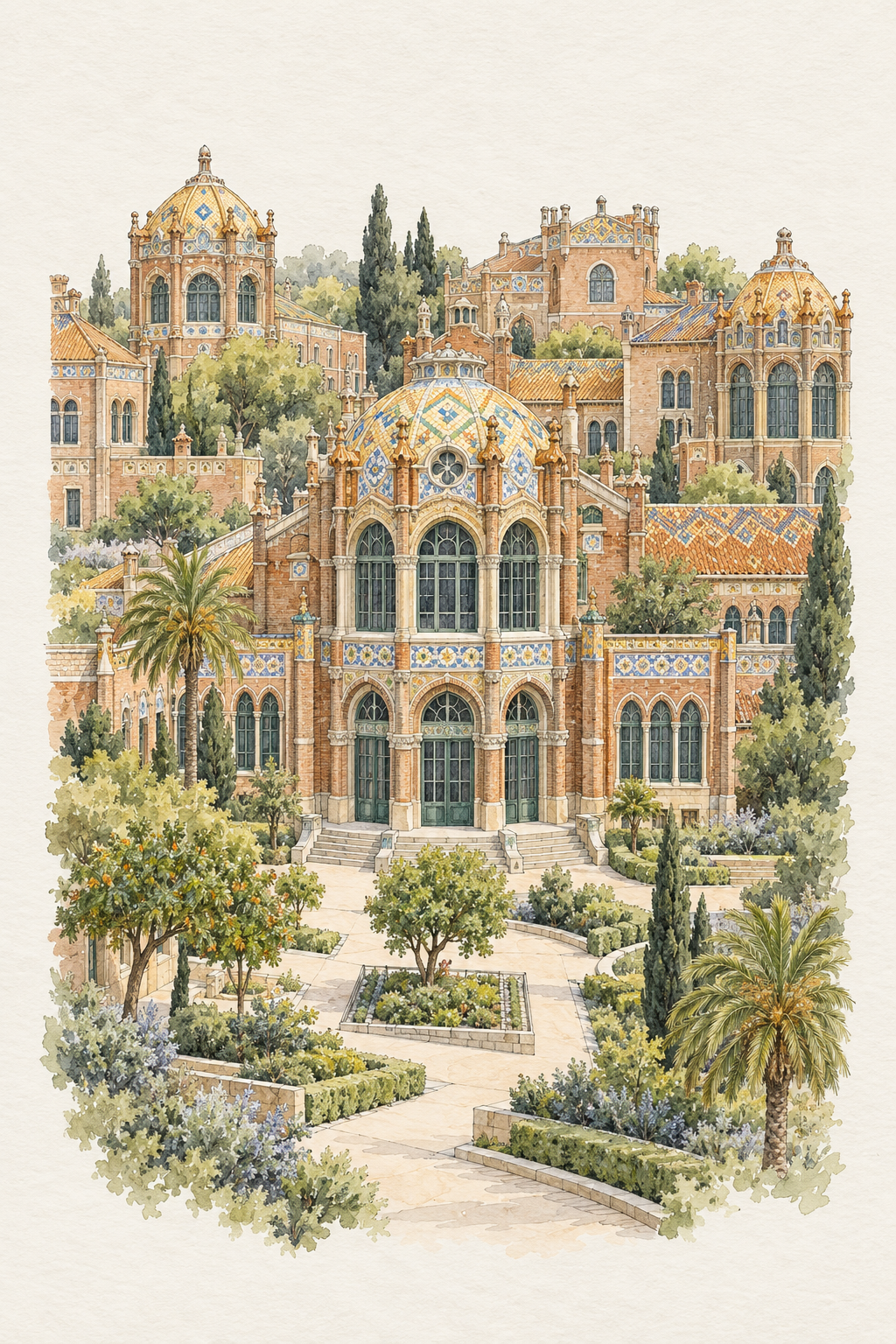 Sant Pau in Watercolour, Barcelona vertical ink and watercolour artwork