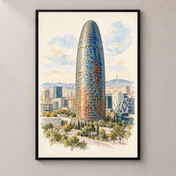 Torre Glories in Soft Watercolour – poster standalone mockup on beige wall