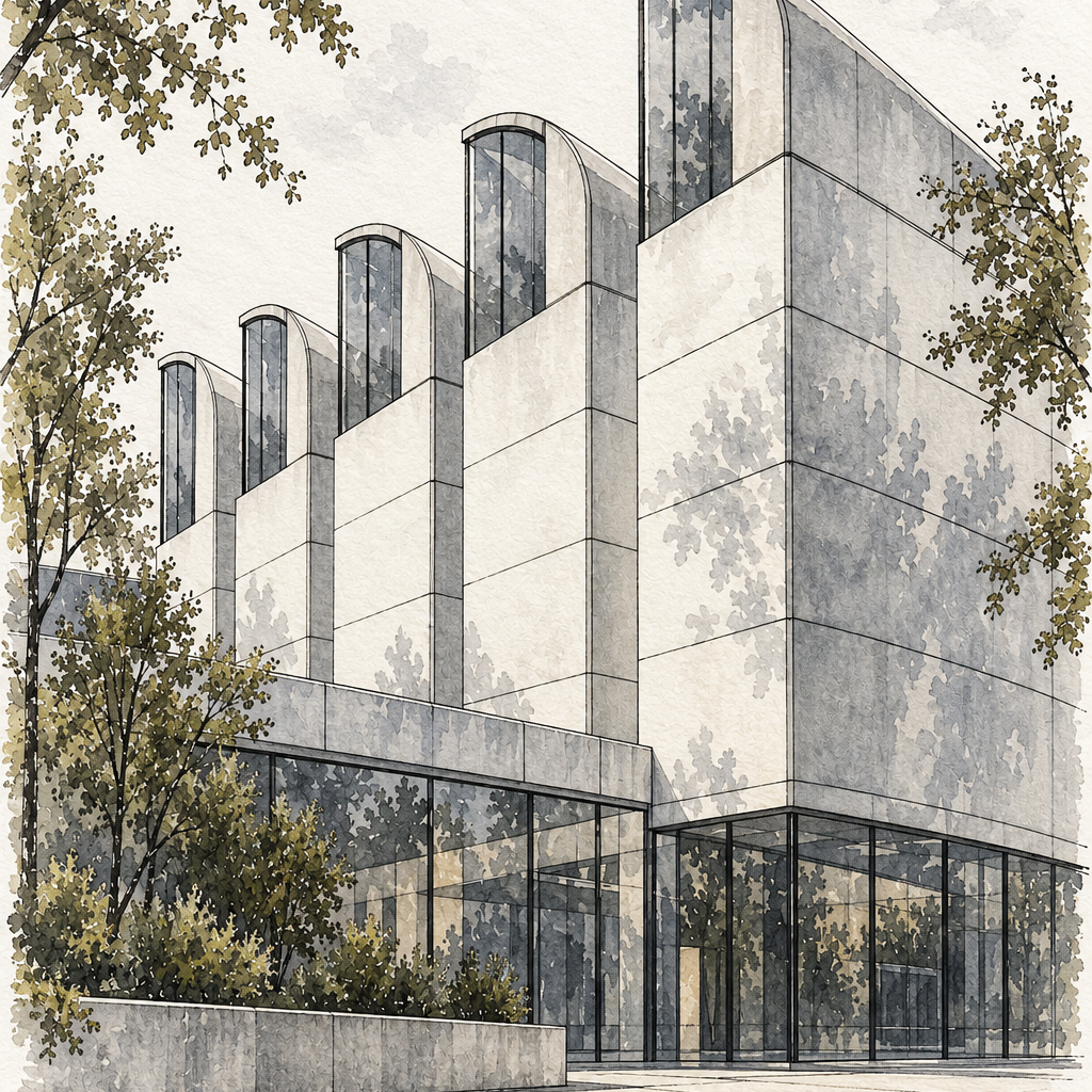 Bauhaus Archive in Quiet Ink Lines, Berlin vertical ink and watercolour artwork
