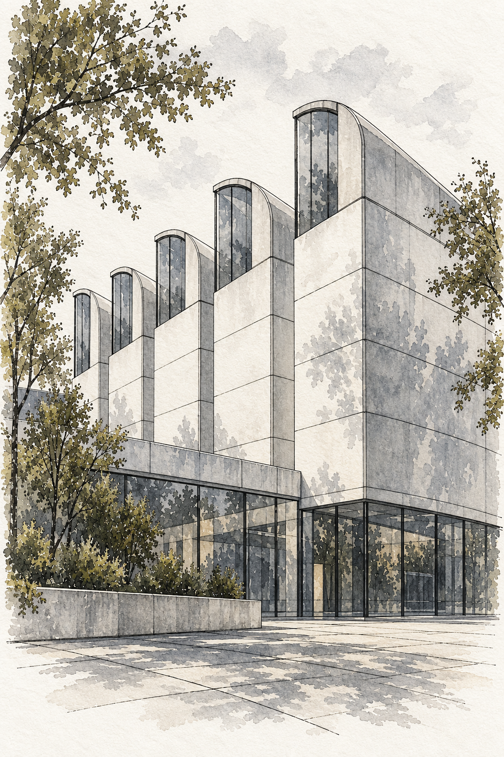 Bauhaus Archive in Quiet Ink Lines, Berlin vertical ink and watercolour artwork
