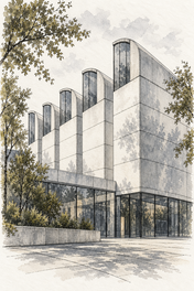 Bauhaus Archive in Quiet Ink Lines, Berlin vertical ink and watercolour artwork