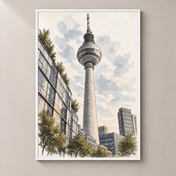 Fernsehturm above the Berlin Skyline – poster standalone mockup on beige wall