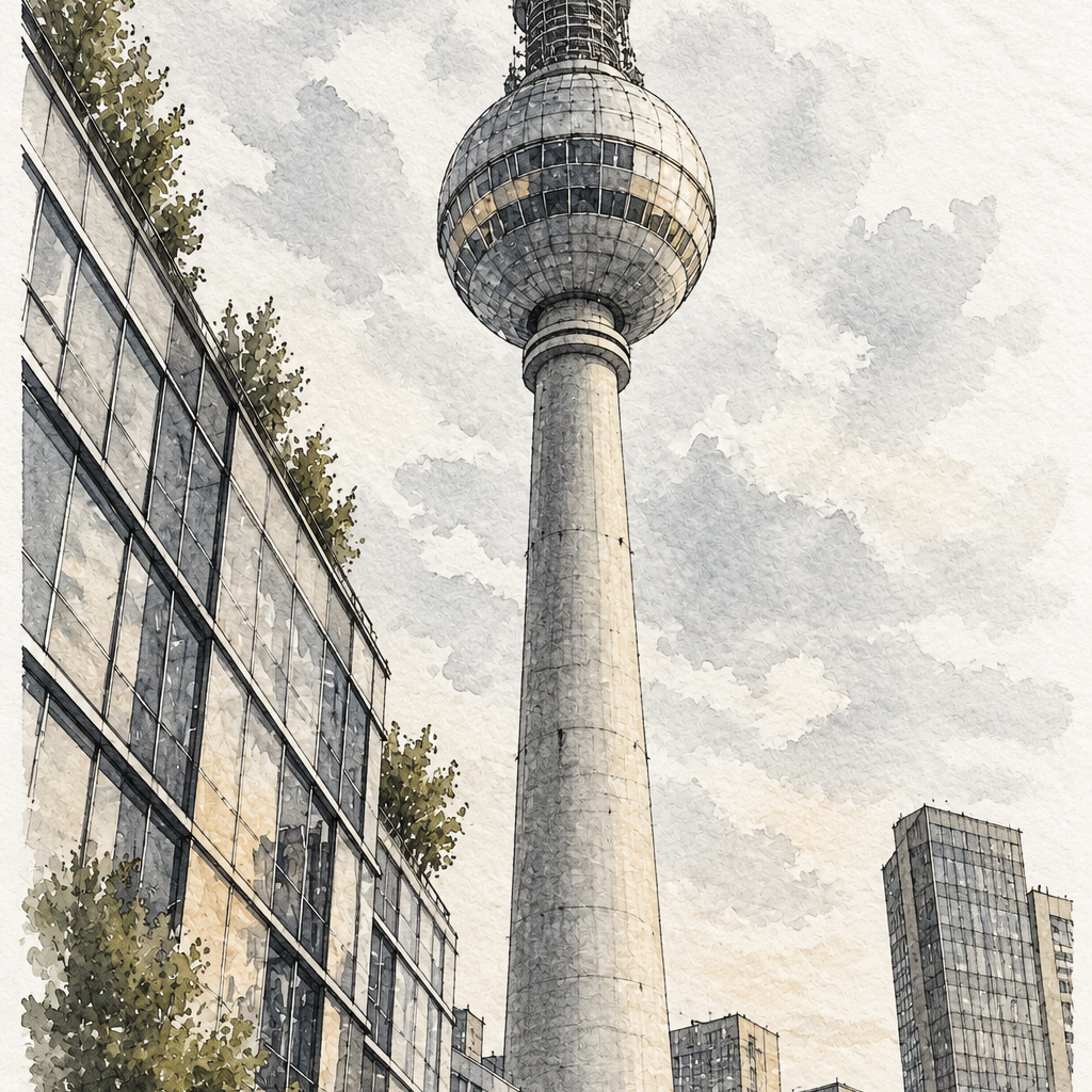 Fernsehturm above the Berlin Skyline, Berlin vertical ink and watercolour artwork