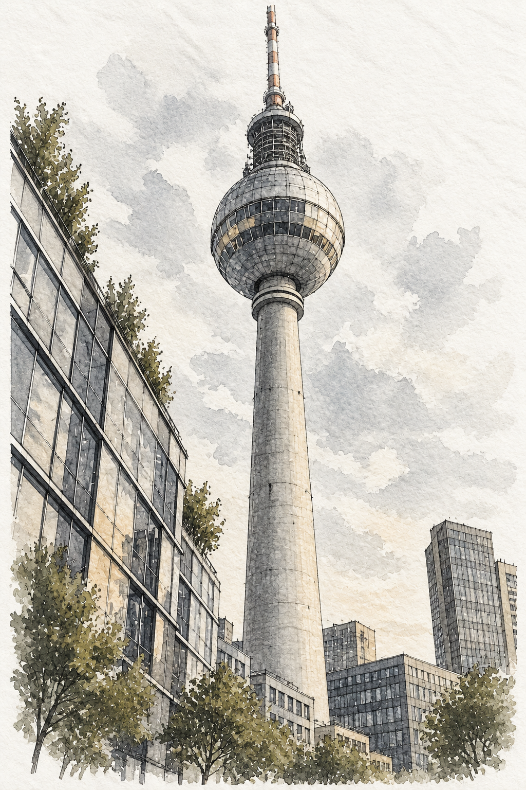Fernsehturm above the Berlin Skyline, Berlin vertical ink and watercolour artwork