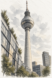 Fernsehturm above the Berlin Skyline, Berlin vertical ink and watercolour artwork