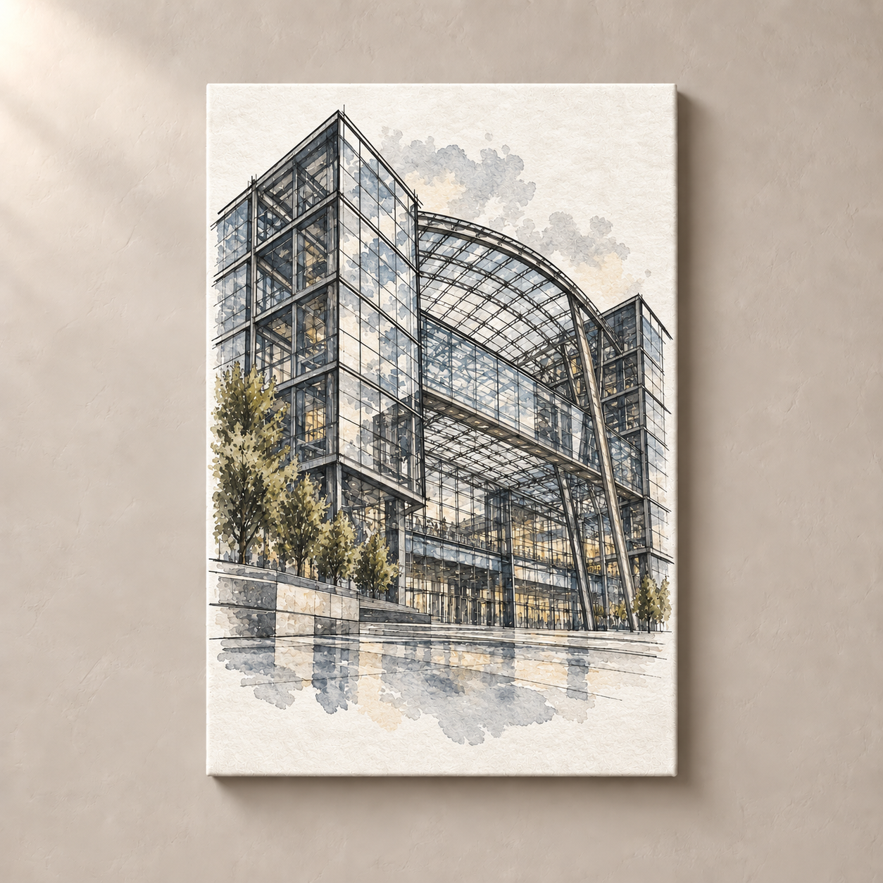 Berlin Hauptbahnhof in Ink and Watercolour – canvas standalone mockup on beige wall
