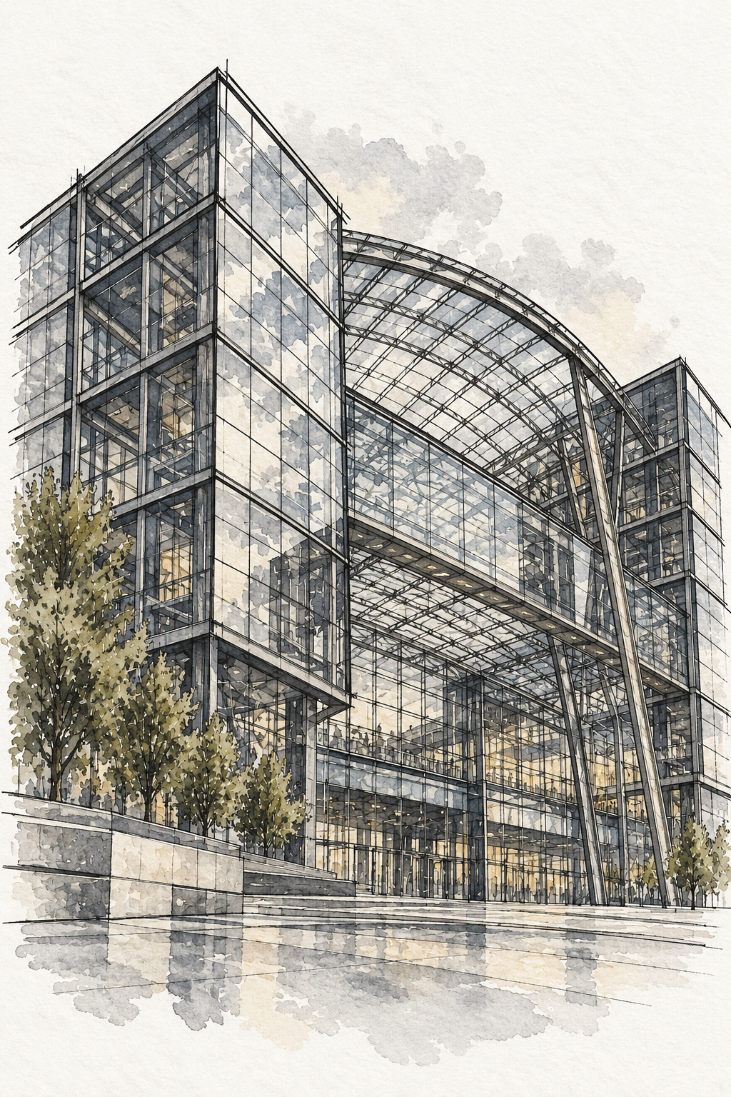 Berlin Hauptbahnhof in Ink and Watercolour, Berlin vertical ink and watercolour artwork