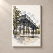 Glass Pavilion of the Neue Nationalgalerie – canvas standalone mockup on beige wall
